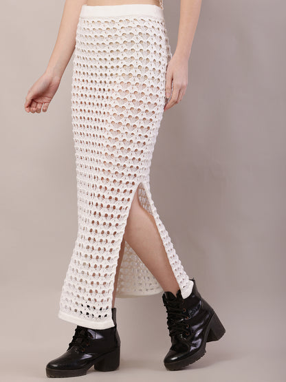 Polyester Mesh Crochet Side Slit Cut off-White Sexy Sheer Maxi Skirt