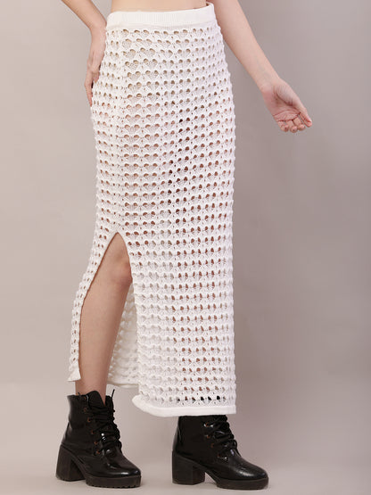 Polyester Mesh Crochet Side Slit Cut off-White Sexy Sheer Maxi Skirt