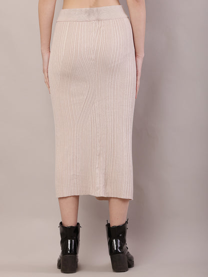 Acrylic Knitted Ribbed A-line Beige Skirt
