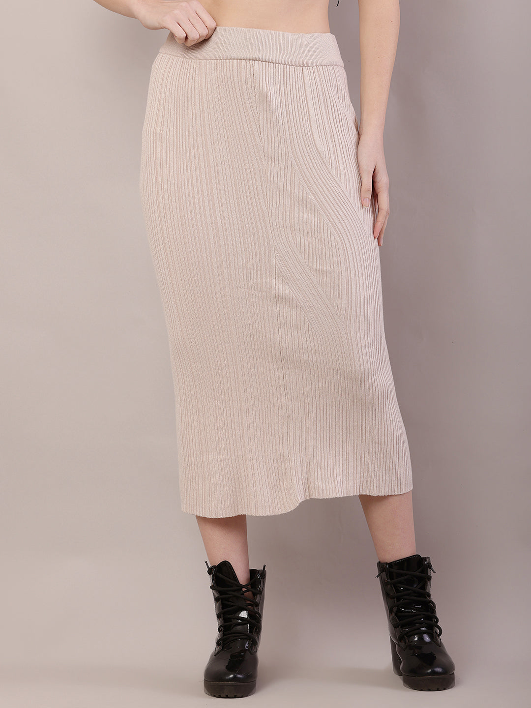 Acrylic Knitted Ribbed A-line Beige Skirt