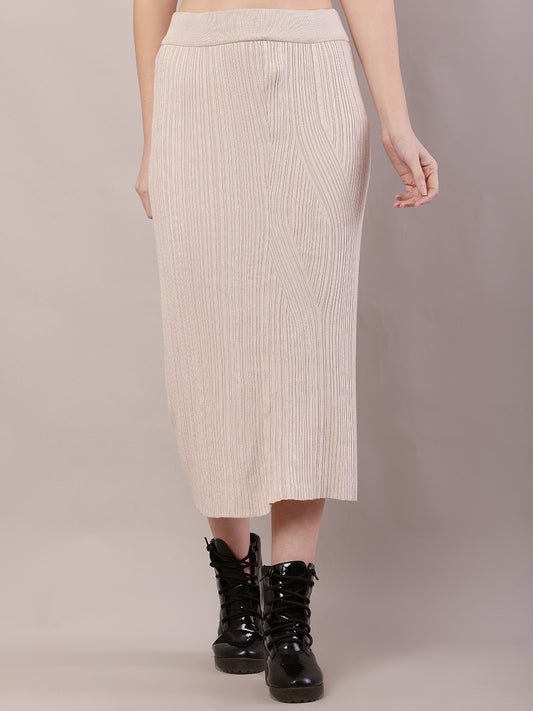 Acrylic Knitted Ribbed A-line Beige Skirt