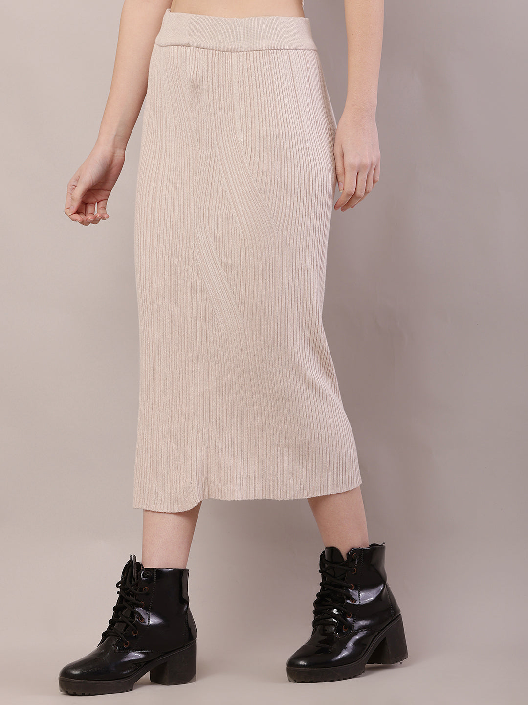 Acrylic Knitted Ribbed A-line Beige Skirt