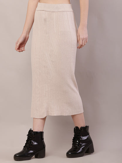 Acrylic Knitted Ribbed A-line Beige Skirt