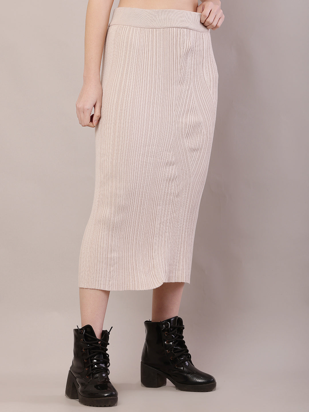 Acrylic Knitted Ribbed A-line Beige Skirt