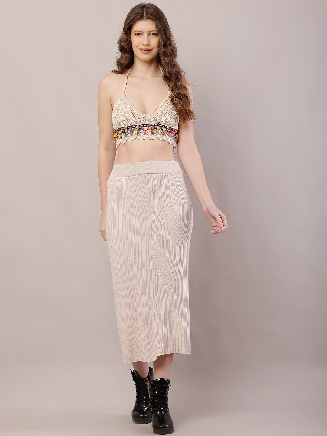 Acrylic Knitted Ribbed A-line Beige Skirt