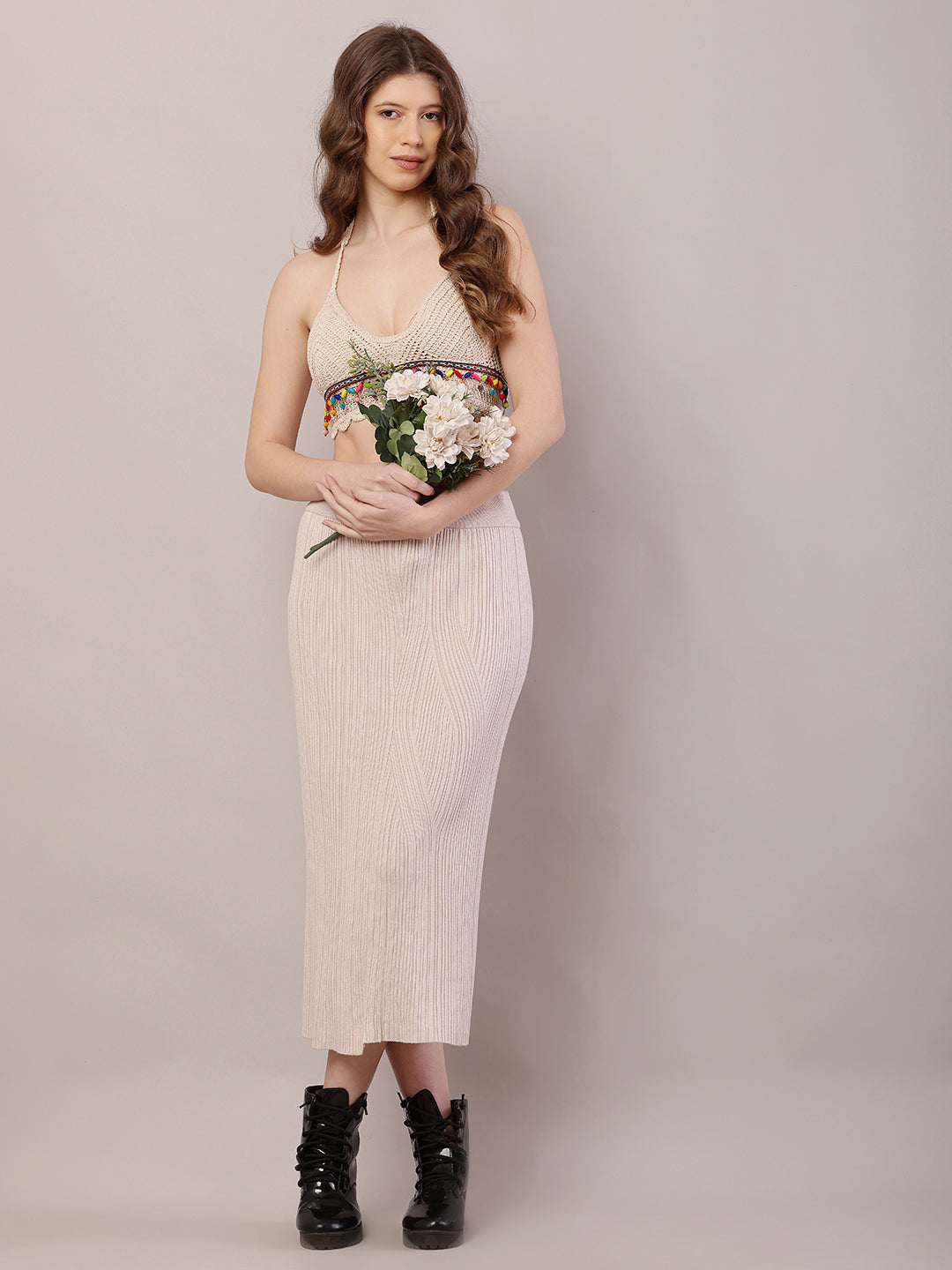 Acrylic Knitted Ribbed A-line Beige Skirt