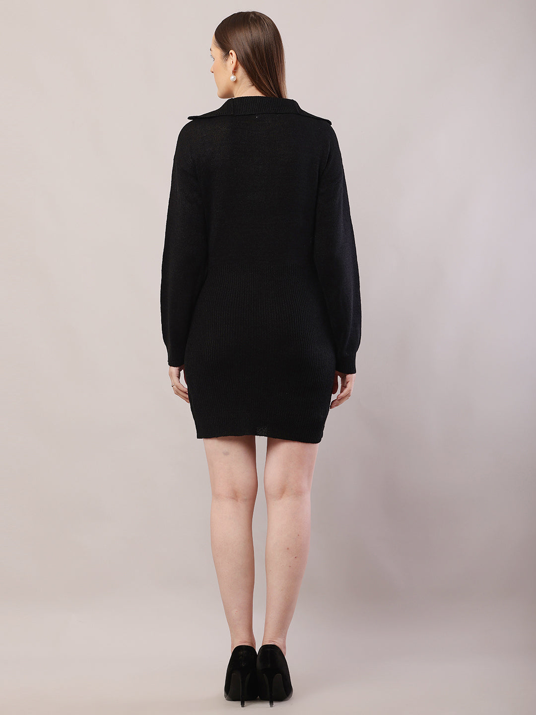 Acrylic Shirt Collar with Full Sleeve Black Sweater Dress