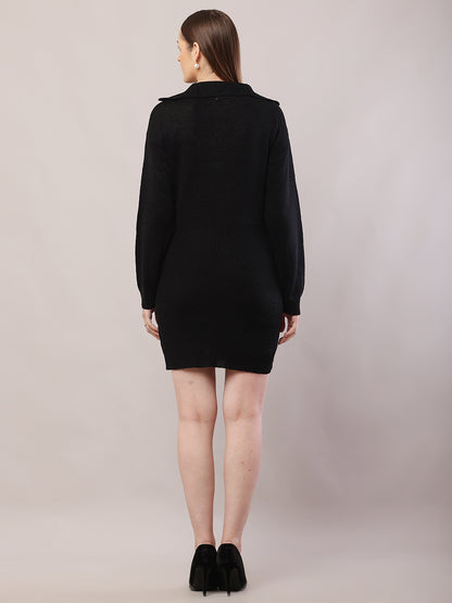 Acrylic Shirt Collar with Full Sleeve Black Sweater Dress