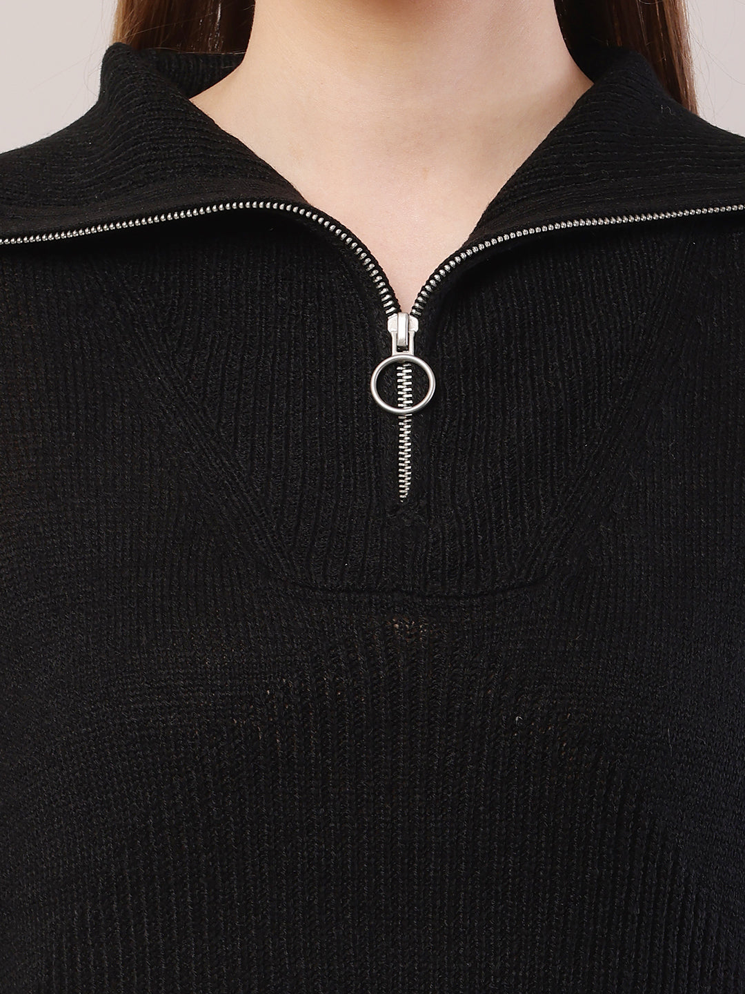 Acrylic Shirt Collar with Full Sleeve Black Sweater Dress