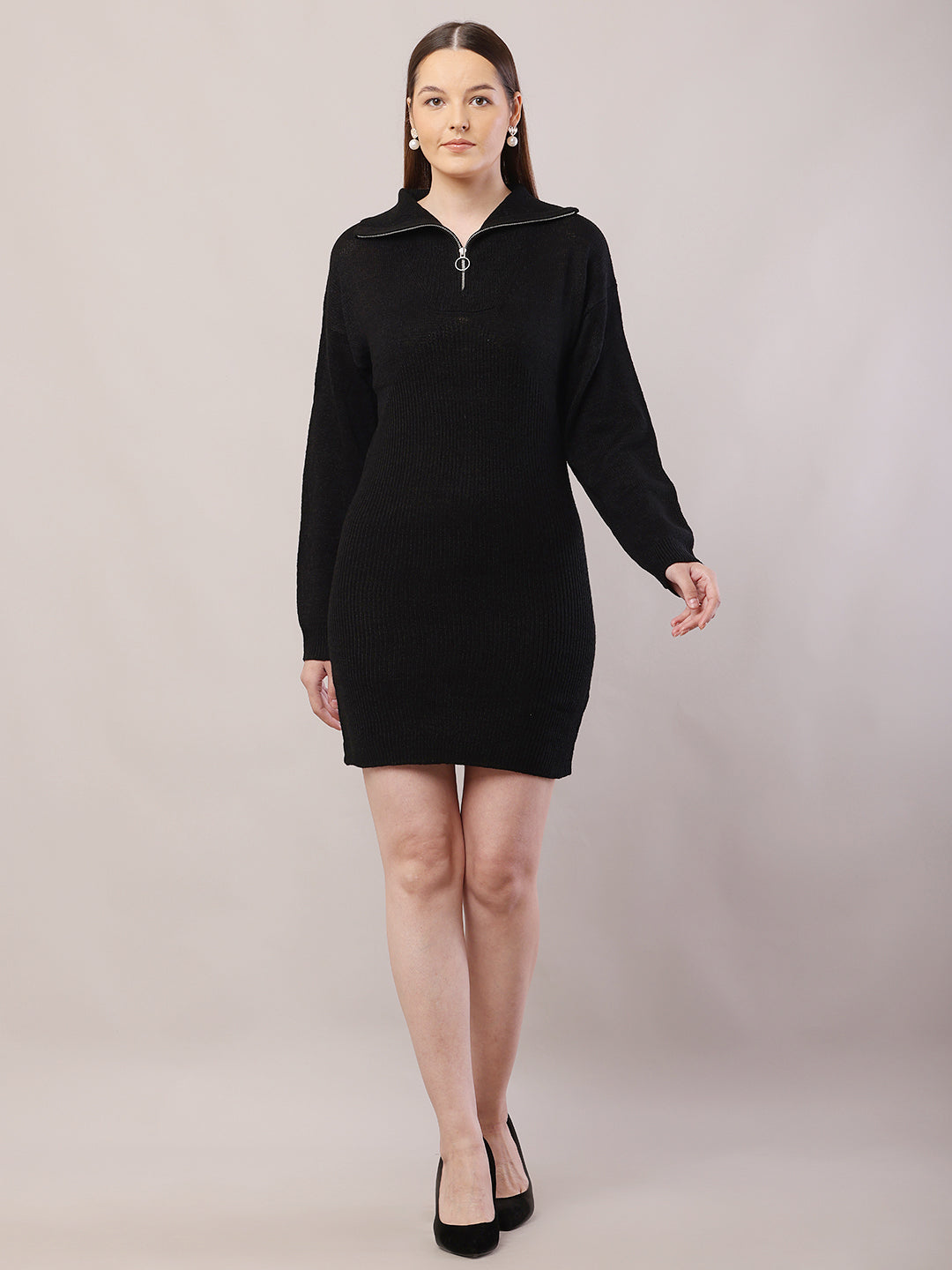 Acrylic Shirt Collar with Full Sleeve Black Sweater Dress
