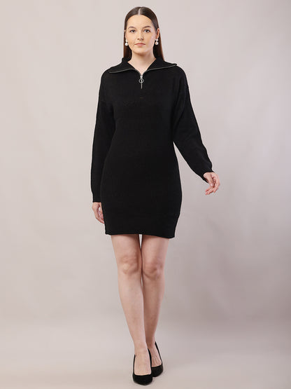Acrylic Shirt Collar with Full Sleeve Black Sweater Dress