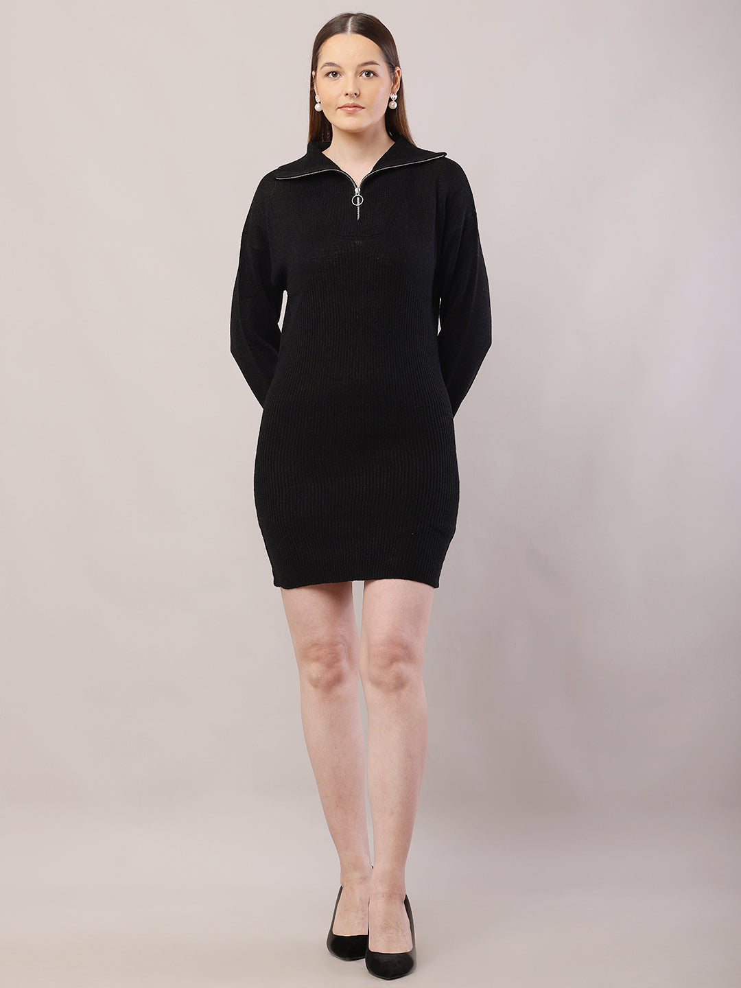 Acrylic Shirt Collar with Full Sleeve Black Sweater Dress