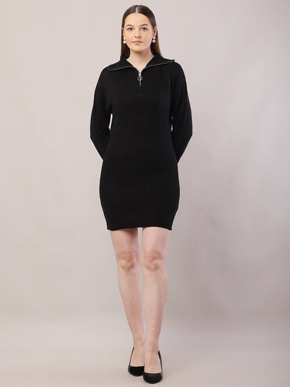 Acrylic Shirt Collar with Full Sleeve Black Sweater Dress