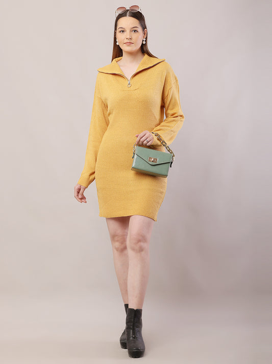 Acrylic Shirt Collar with Full Sleeve Mustard Sweater Dress