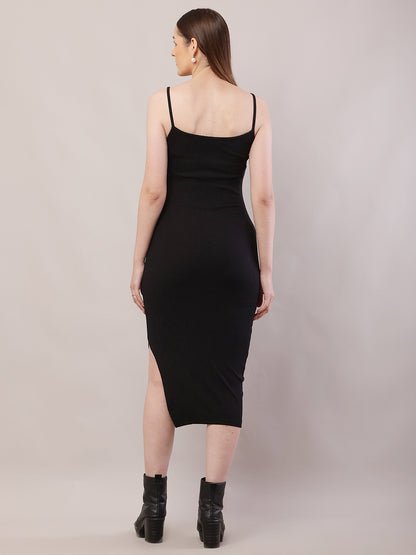 Viscose Sleeveless with Square Neck Black Shoulder Strap Bodycon Dress