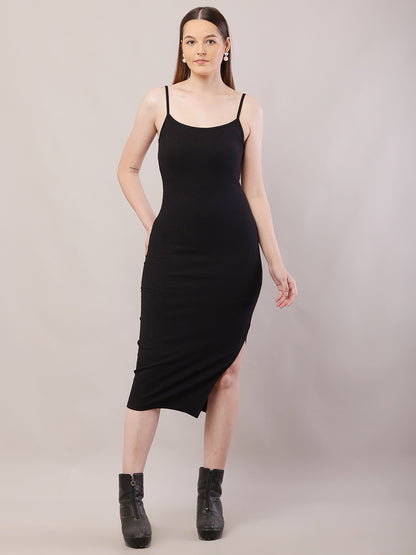 Viscose Sleeveless with Square Neck Black Shoulder Strap Bodycon Dress