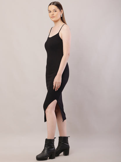 Viscose Sleeveless with Square Neck Black Shoulder Strap Bodycon Dress