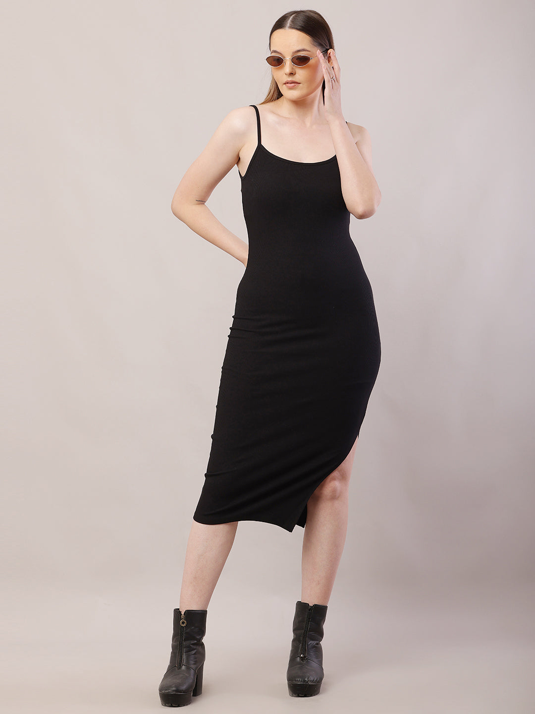Viscose Sleeveless with Square Neck Black Shoulder Strap Bodycon Dress