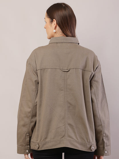 Cotton Full Sleeve with Shirt Collar Loose Style Dark Green Jacket