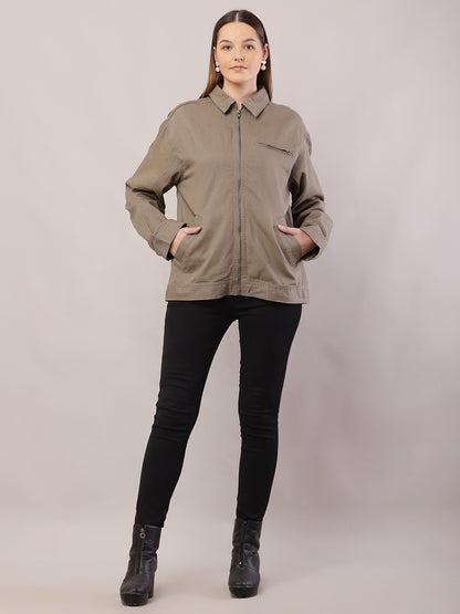 Cotton Full Sleeve with Shirt Collar Loose Style Dark Green Jacket
