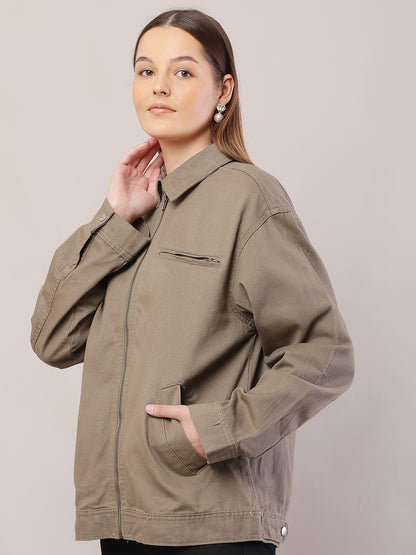 Cotton Full Sleeve with Shirt Collar Loose Style Dark Green Jacket