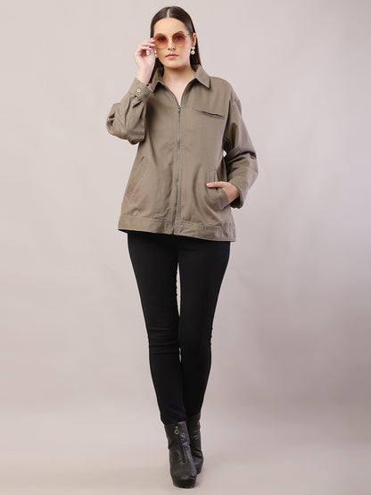 Cotton Full Sleeve with Shirt Collar Loose Style Dark Green Jacket