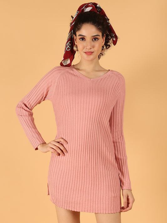 Ribbed Knit Bodycon Sweater Dress – Light Rose Pink | Long Sleeves | Stretchable Fit