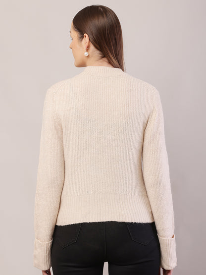 Acrylic Full Sleeve with Crew-Neck Cream Sweater