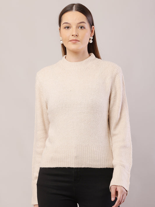 Acrylic Full Sleeve with Crew-Neck Cream Sweater
