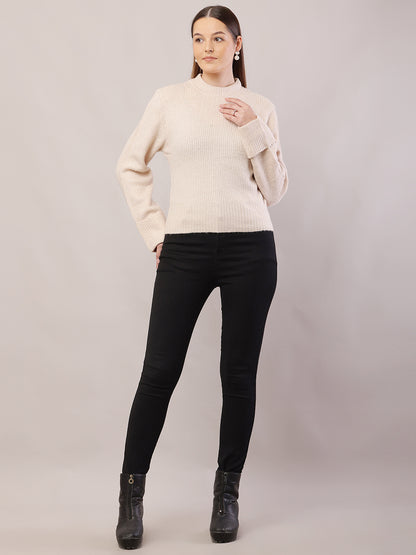 Acrylic Full Sleeve with Crew-Neck Cream Sweater