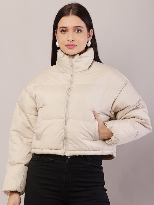 Polyester High-Neck with Full Sleeve Cream Puffer Jacket