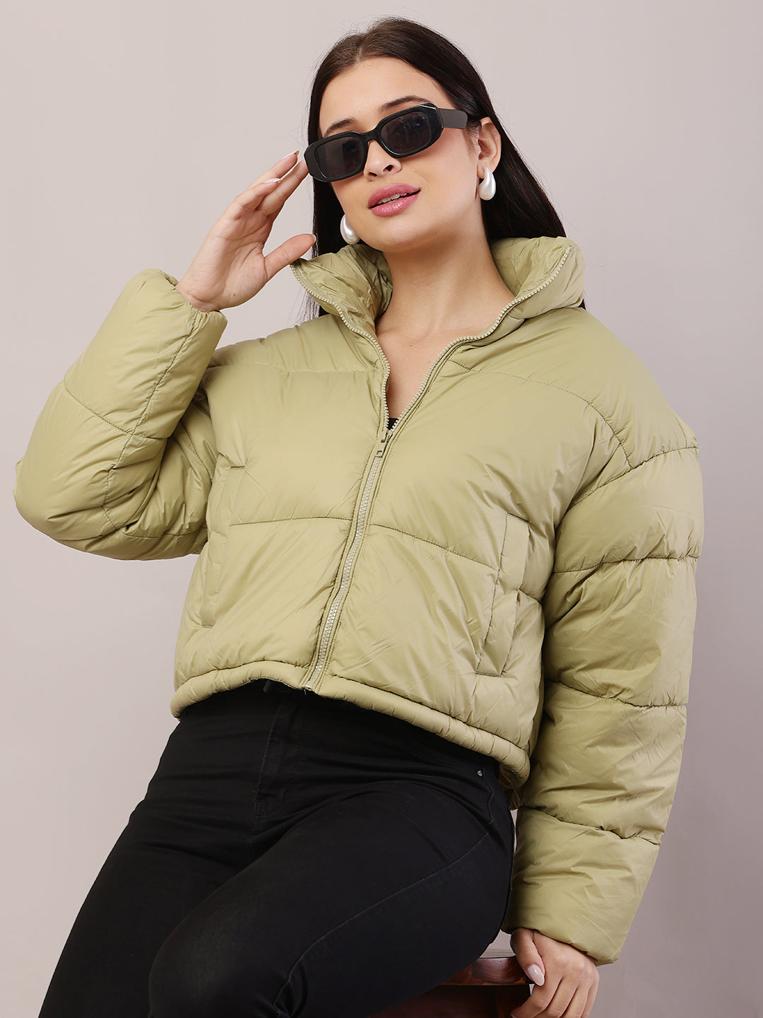 Polyester High-Neck with Full Sleeve Green Puffer Jacket