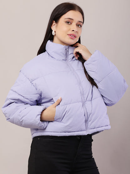 Polyester High-Neck with Full Sleeve Purple Puffer Jacket