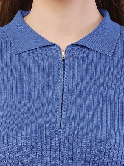 Viscose Full Sleeve with Shirt Collar Ribbed Blue Sweater