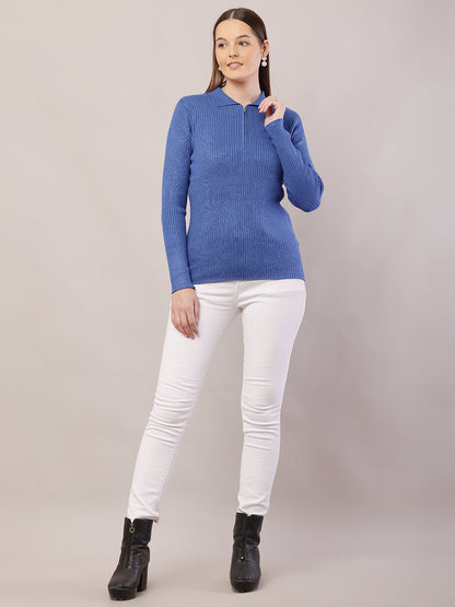 Viscose Full Sleeve with Shirt Collar Ribbed Blue Sweater