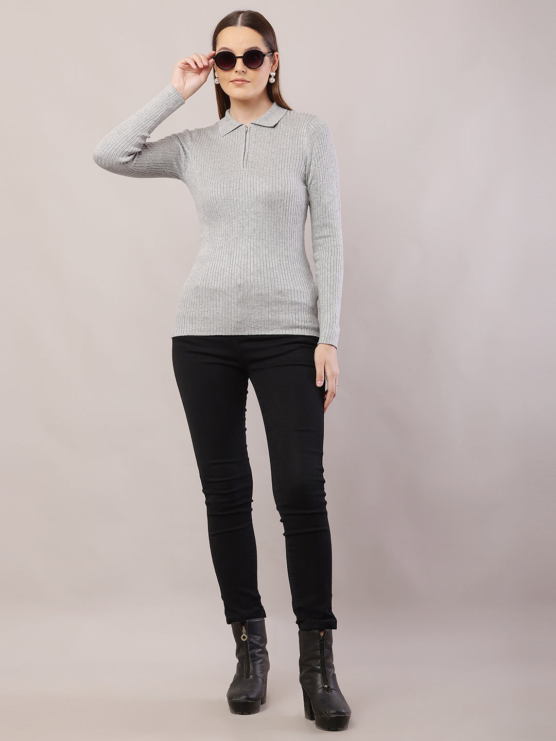 Viscose Full Sleeve with Shirt Collar Ribbed Grey Sweater
