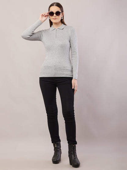 Viscose Full Sleeve with Shirt Collar Ribbed Grey Sweater