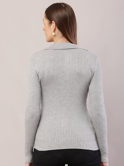 Viscose Full Sleeve with Shirt Collar Ribbed Grey Sweater