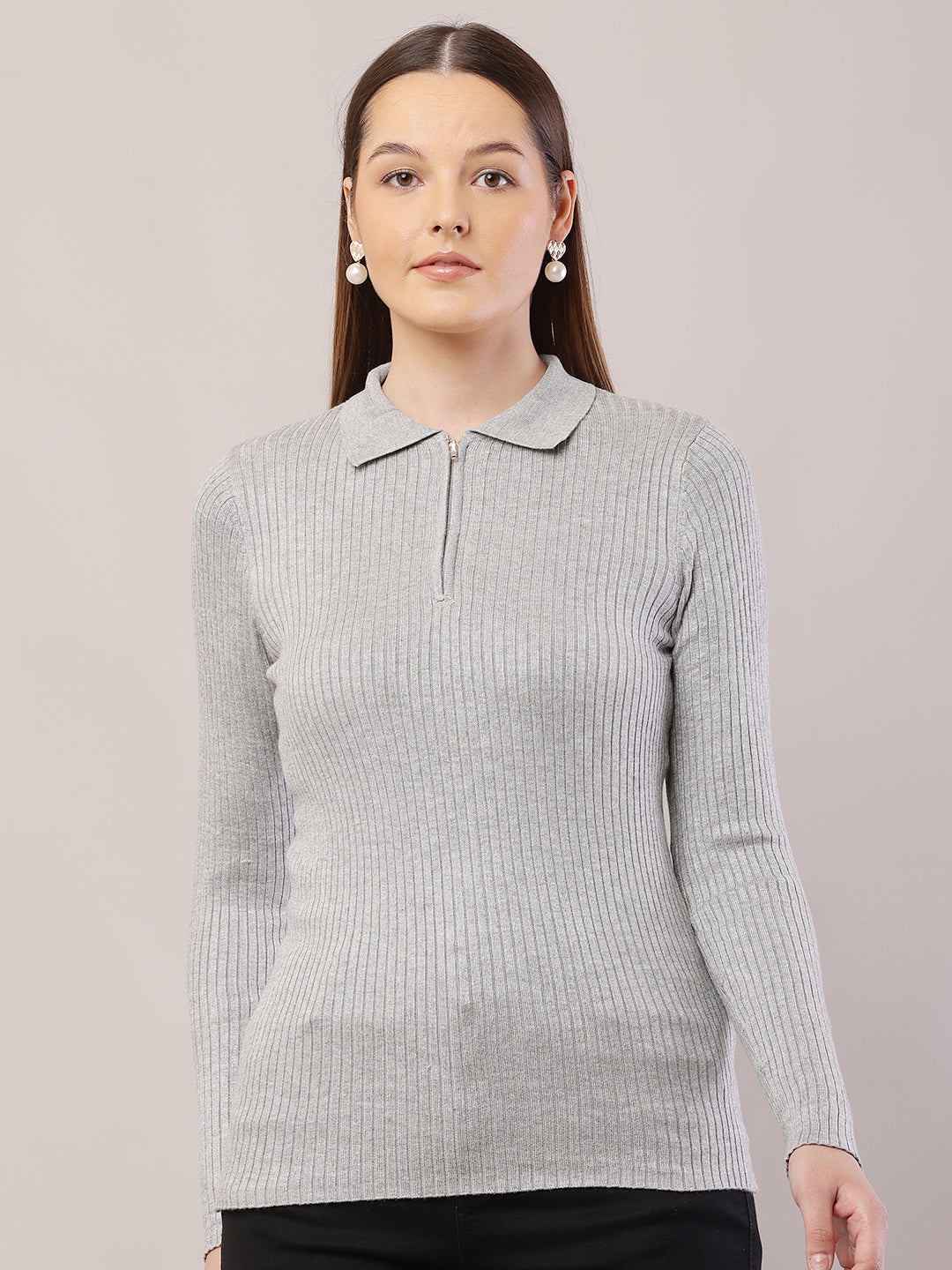 Viscose Full Sleeve with Shirt Collar Ribbed Grey Sweater
