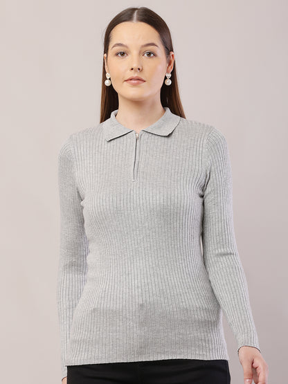 Viscose Full Sleeve with Shirt Collar Ribbed Grey Sweater
