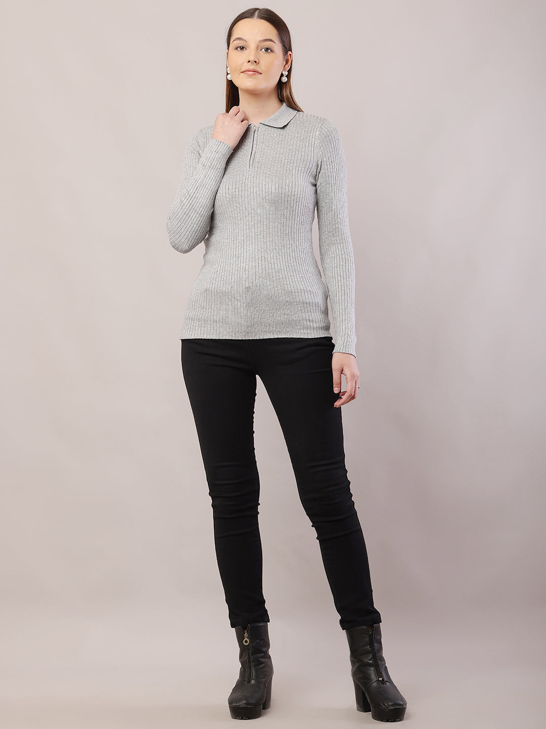 Viscose Full Sleeve with Shirt Collar Ribbed Grey Sweater