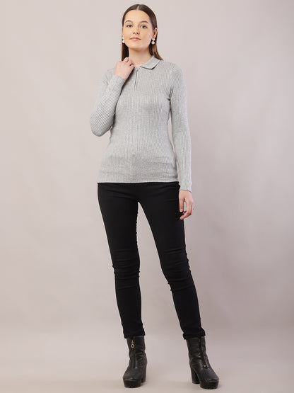 Viscose Full Sleeve with Shirt Collar Ribbed Grey Sweater