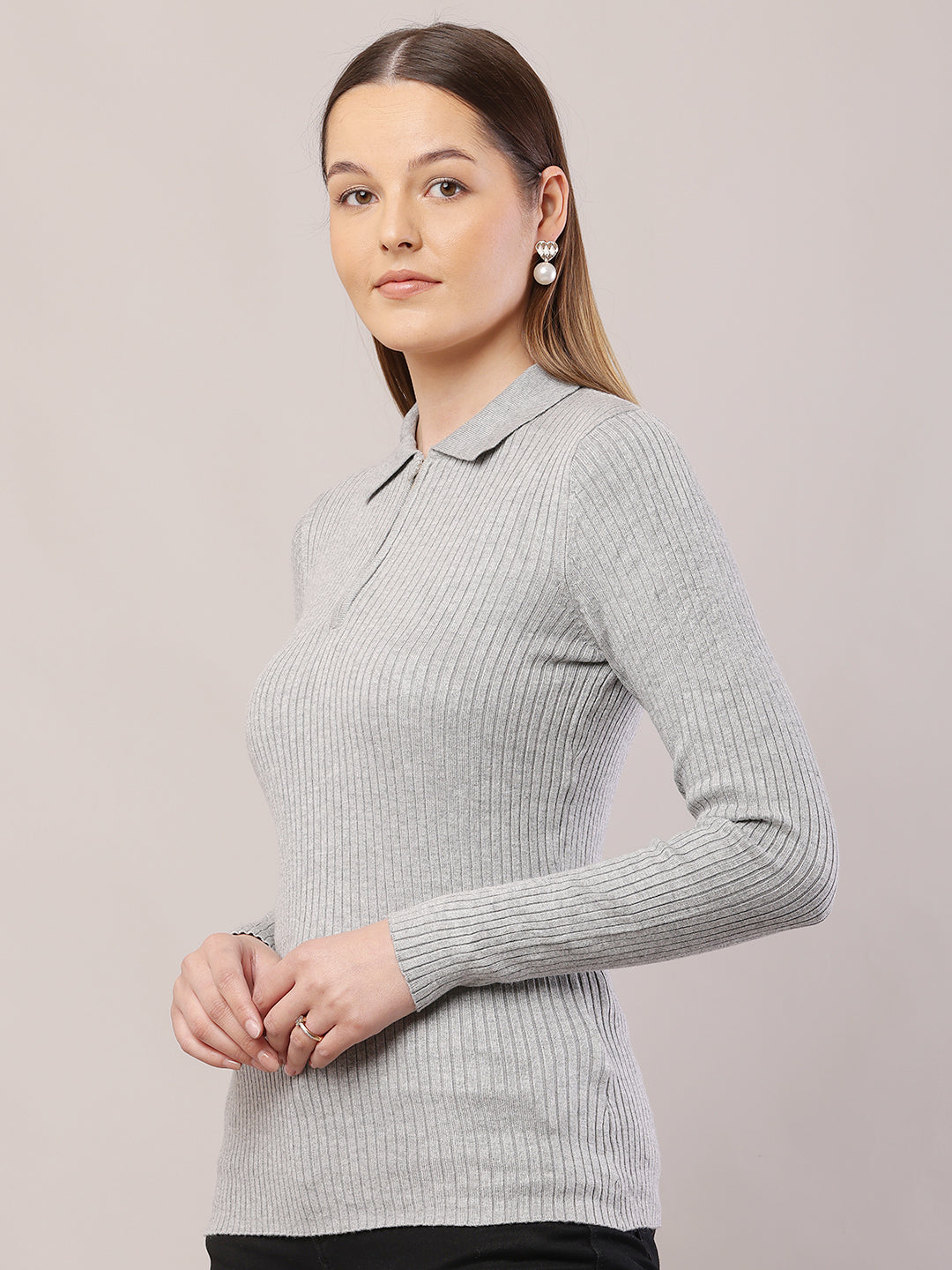 Viscose Full Sleeve with Shirt Collar Ribbed Grey Sweater