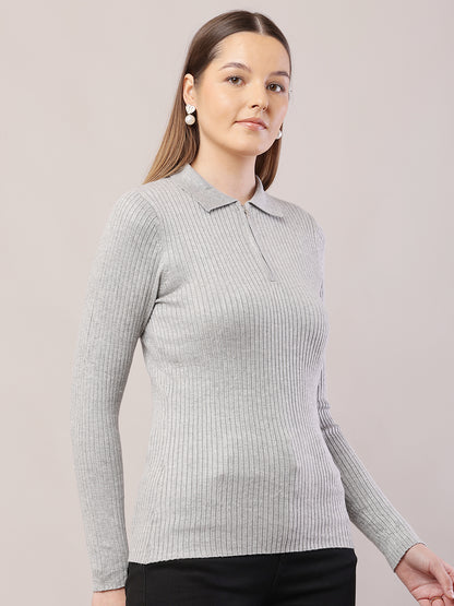 Viscose Full Sleeve with Shirt Collar Ribbed Grey Sweater