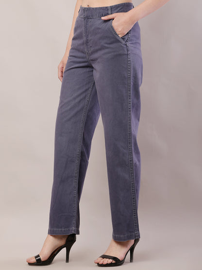Cotton Regular Fit Belt loop Solid Wide Leg Grey Pant