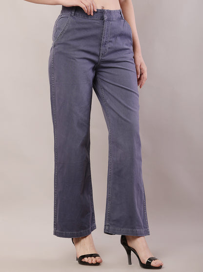 Cotton Regular Fit Belt loop Solid Wide Leg Grey Pant