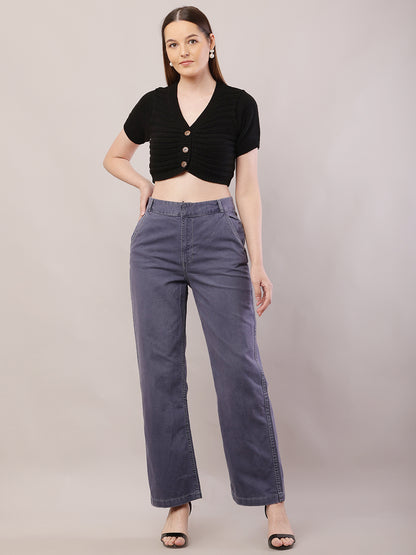 Cotton Regular Fit Belt loop Solid Wide Leg Grey Pant