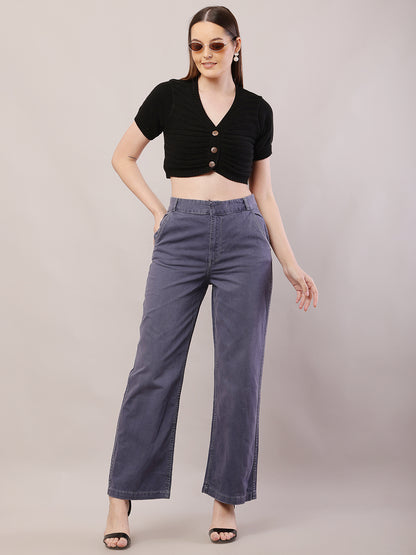 Cotton Regular Fit Belt loop Solid Wide Leg Grey Pant