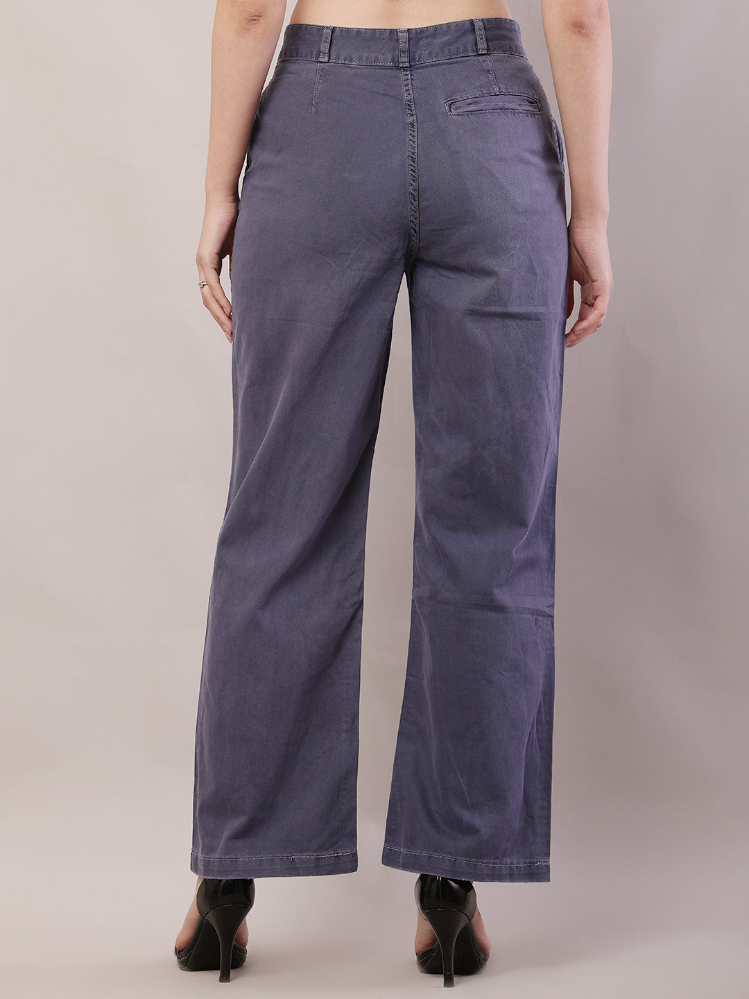 Cotton Regular Fit Belt loop Solid Wide Leg Grey Pant