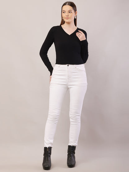 Viscose V-Neck with Full Sleeve Crop Black Sweater